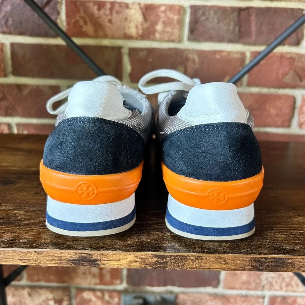 Tory Burch Womens Suede Mesh T-Logo Low Top Sneakers Grey Navy‎ Orange